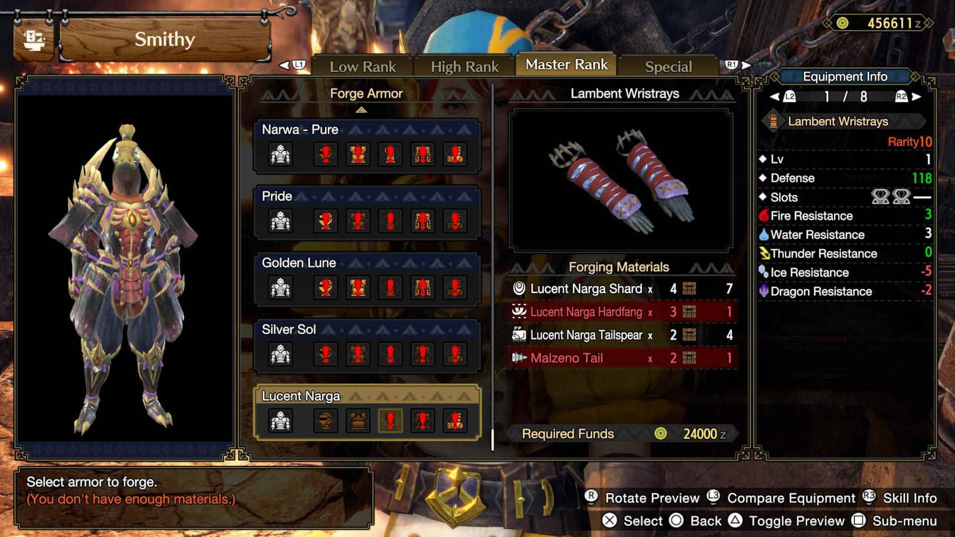 Monster Hunter Rise Sunbreak Lucent Nargacuga: Lucent Narga zırh setinin bir parçası olarak Smithy'de Lambent Wristrays.