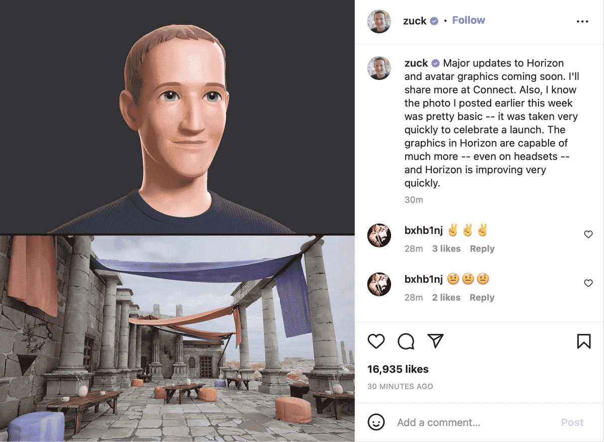 Mark Zuckerberg'in dijital bir avatarı ve eski görünümlü bir avluyu gösteren Instagram gönderisinin ekran görüntüsü.