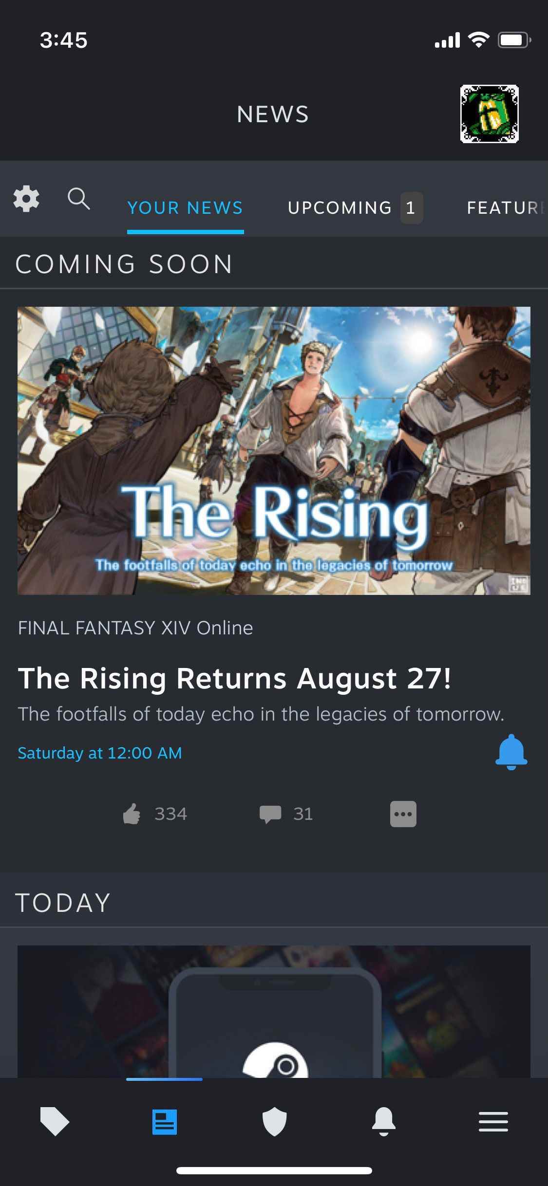 Yeni Steam mobil uygulamasındaki haber akışı.  İlk giriş Final Fantasy XIV ile ilgili.