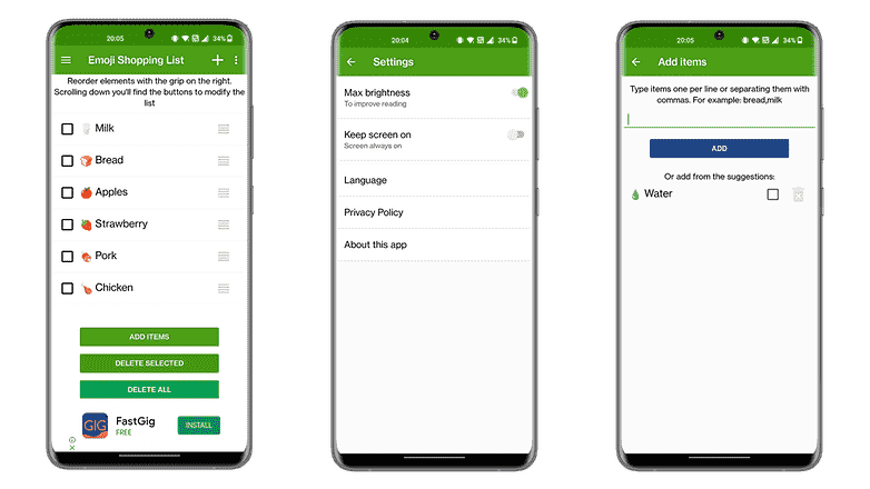 Android uygulaması Emoji Grocery'nin ekran görüntüleri