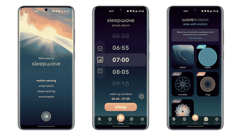 Android ve iOS uygulaması Sleepwave'in ekran görüntüleri