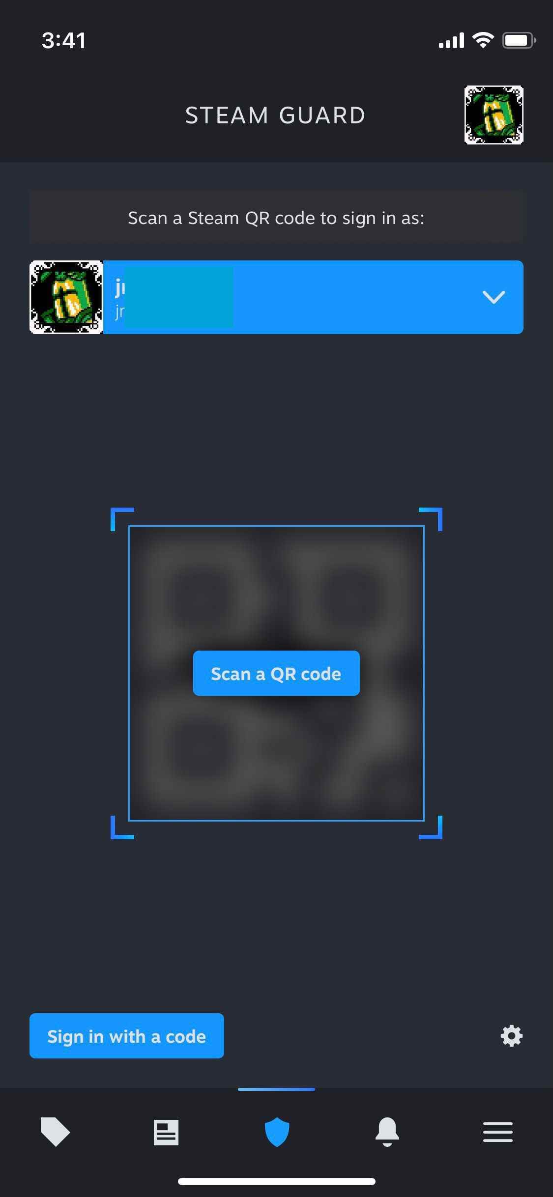 Steam'in yeni mobil uygulamasında QR kodu tarayabileceğiniz ekran.  QR koduyla veya başka bir kodla oturum açmak için düğmeler vardır.
