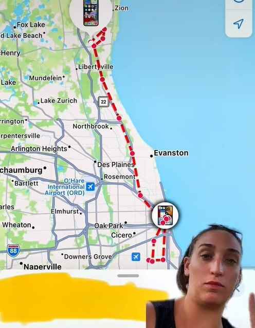Harita, Katrina Audrey'in çalınan iPhone'unun Chicago'da yaptığı uzun ve dolambaçlı yolculuğu gösteriyor - TikTok kullanıcısı 