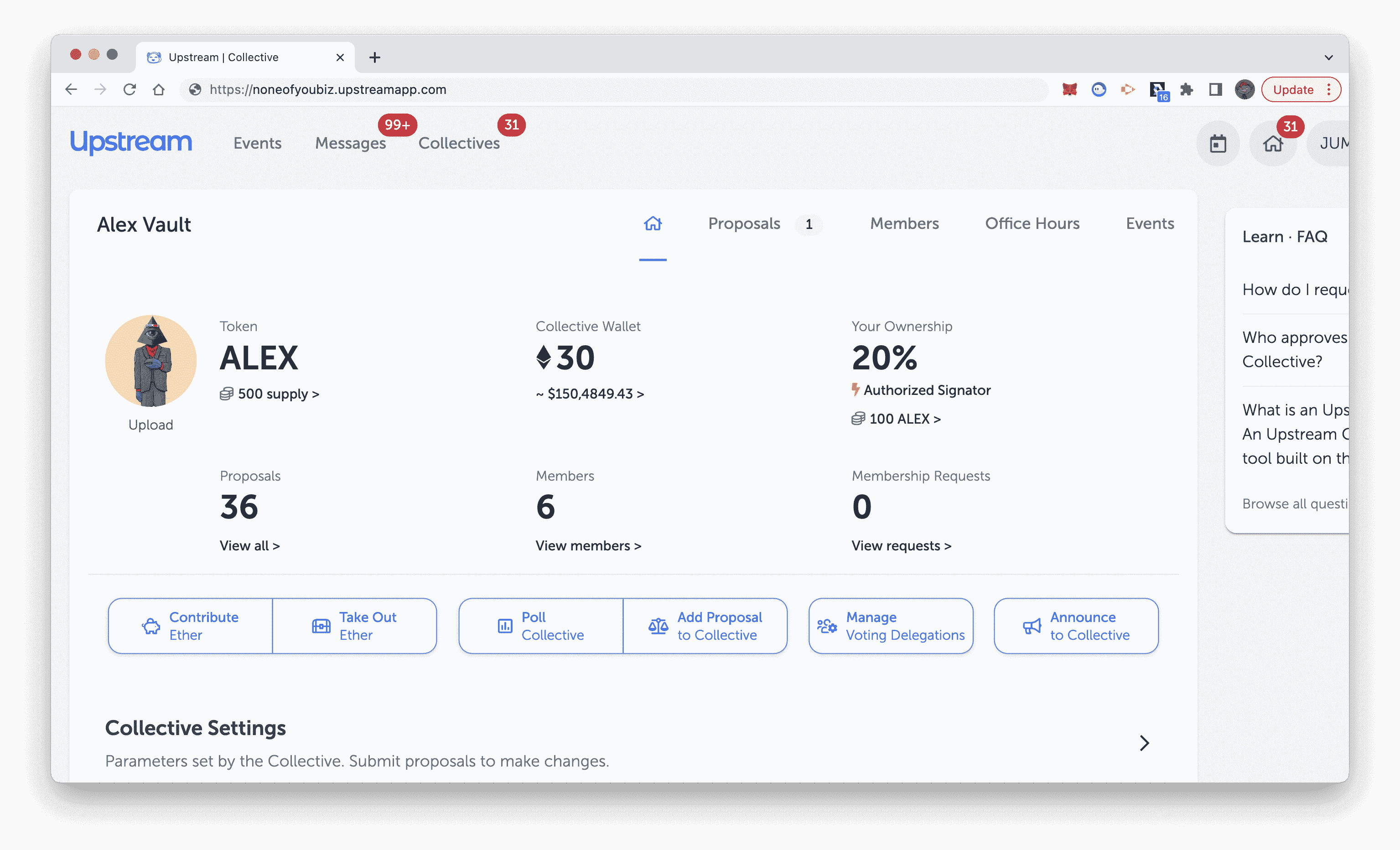 Upstream Vault DAO'nun ana sayfa arayüzünün ekran görüntüsü