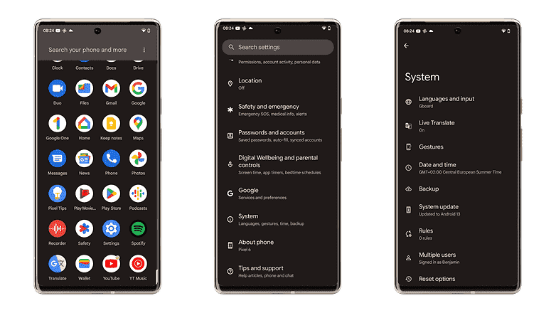 Android 13'te dil ayarlarına giden yolu gösteren bir ekran görüntüsü.