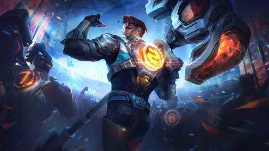 League of Legends görünüm önizlemesi: Zenith Games: fütüristik kıyafet giymiş, sırtı kameraya dönük bir adam elinde dev bir çekiç tutuyor