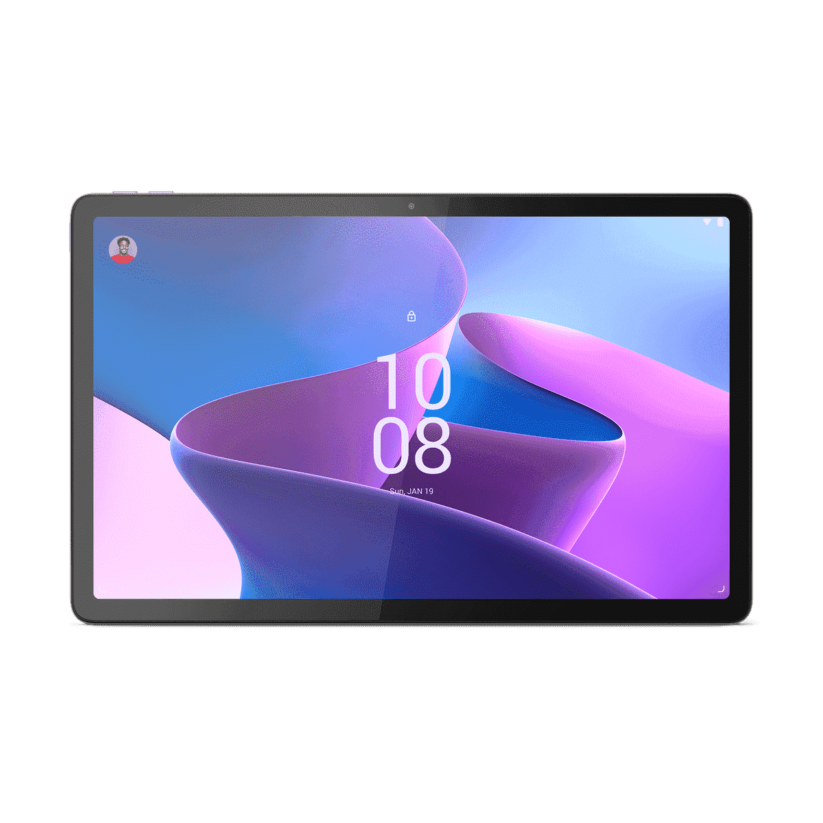 Mavi ve mor bir kilit ekranı görüntüleyen beyaz bir arka plan üzerinde Lenovo Tab P11 Pro.