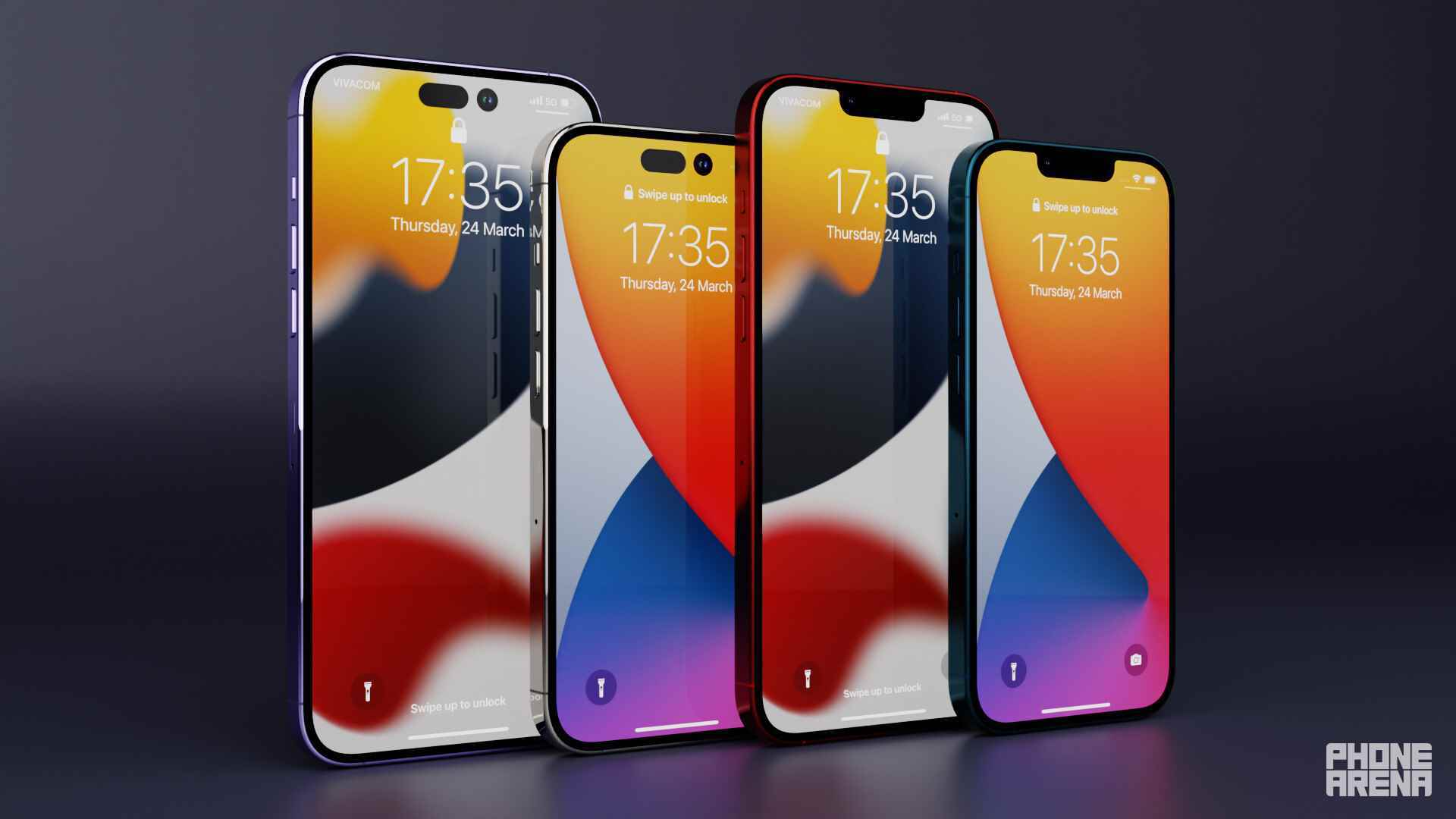 Sağdan sola iPhone 14, iPhone 14 Max (veya Plus), iPhone 14 Pro ve iPhone 14 Pro Max - iPhone 14 Max: 