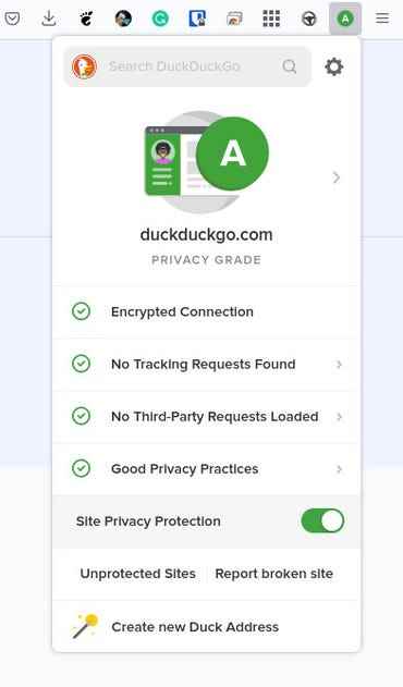 DuckDuckGo Gizlilik Temelleri açılır menüsü.