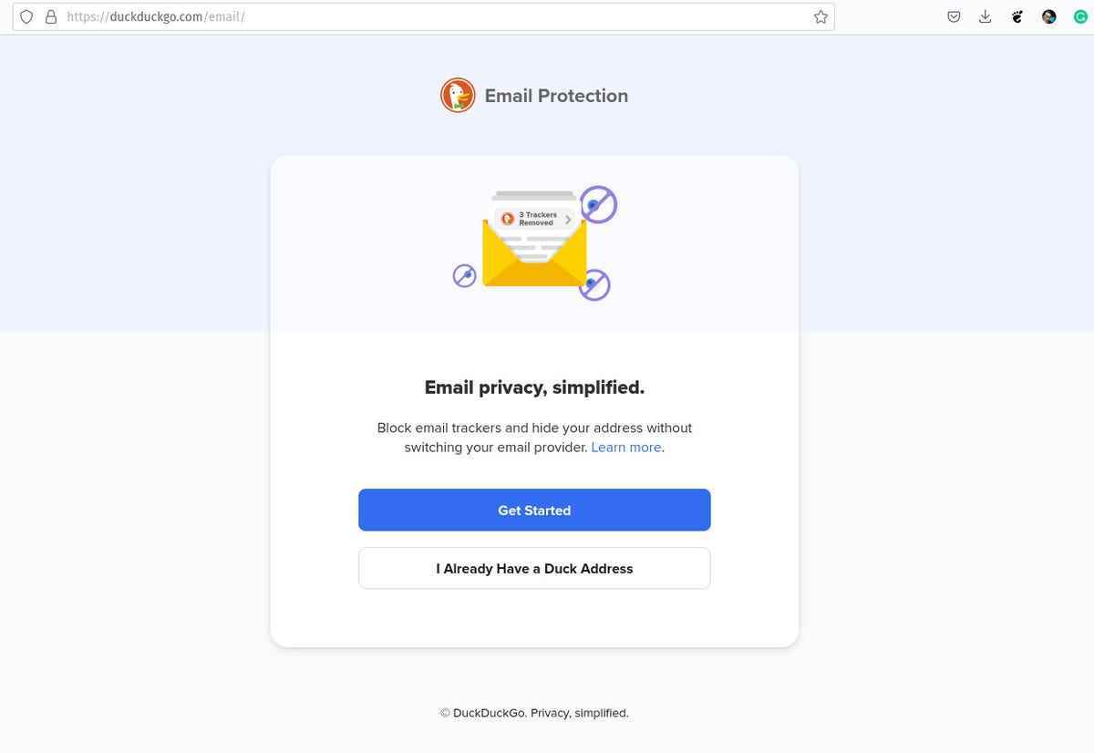 DuckDuckGo'nun e-posta koruma hizmeti için Başlat düğmesi.
