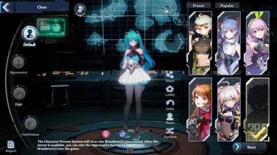 En İyi Tower of Fantasy karakter kodları: Tower of Fantasy'nin karakter oluşturma ekranında Hatsune Miku.