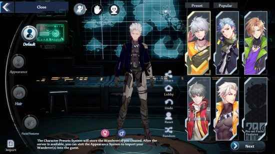 En İyi Tower of Fantasy karakter kodları: Tower of Fantasy'nin karakter oluşturma ekranında Devil May Cry'den Vergil.