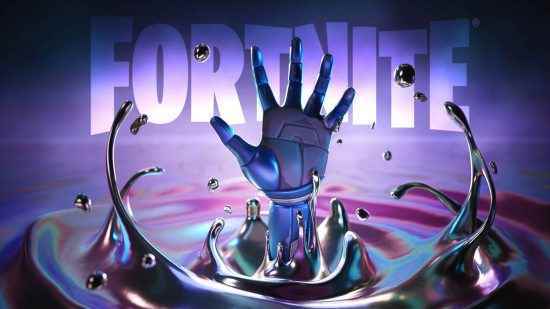 Fortnite Bölüm 3 Sezon 4 çıkış tarihi: Paradigma'nın yağlı sıvıdan çıkan ve arkasında Fortnite logosu bulunan eli.