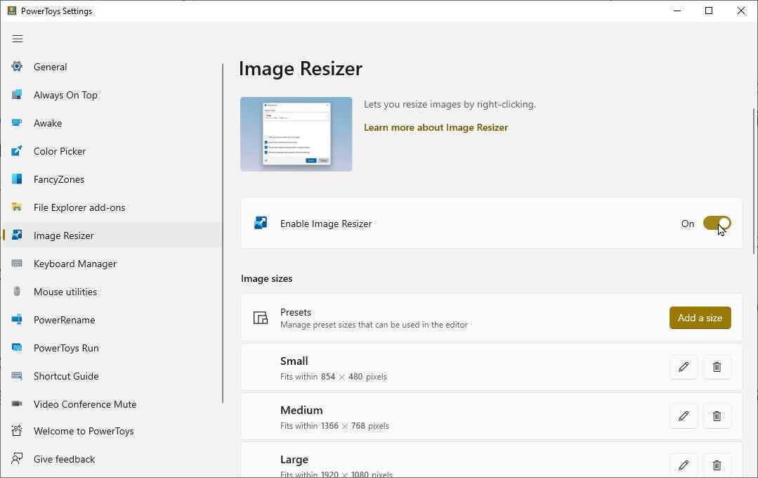 PowerToys'daki Görüntü Yeniden Boyutlandırıcı penceresi