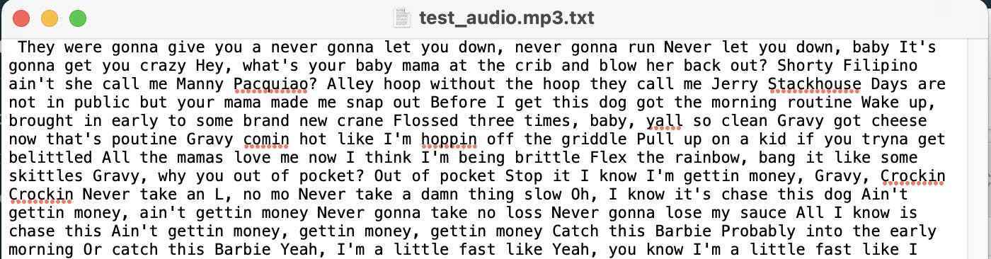 Yung Gravy'nin “Betty (Get Money)” şarkısının sözlerinin yazıya döküldüğü bir metin dosyasını gösteren resim.  Transkripsiyon birçok yanlışlık içeriyor.