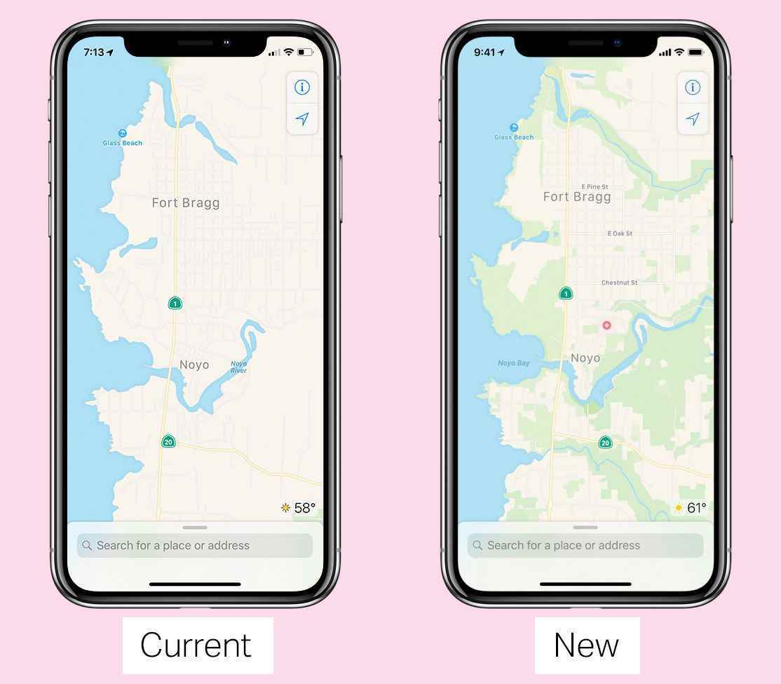 Apple'ın eski harita tasarımını çok daha fazla ayrıntıya sahip yenisiyle karşılaştıran iki iPhone'da ekran görüntüleri.