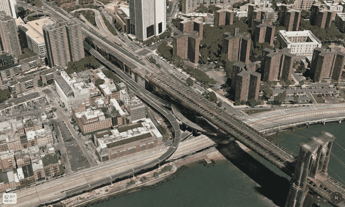 Brooklyn Köprüsü ve bazı New York City, Apple Maps tarafından işlendiği şekliyle.
