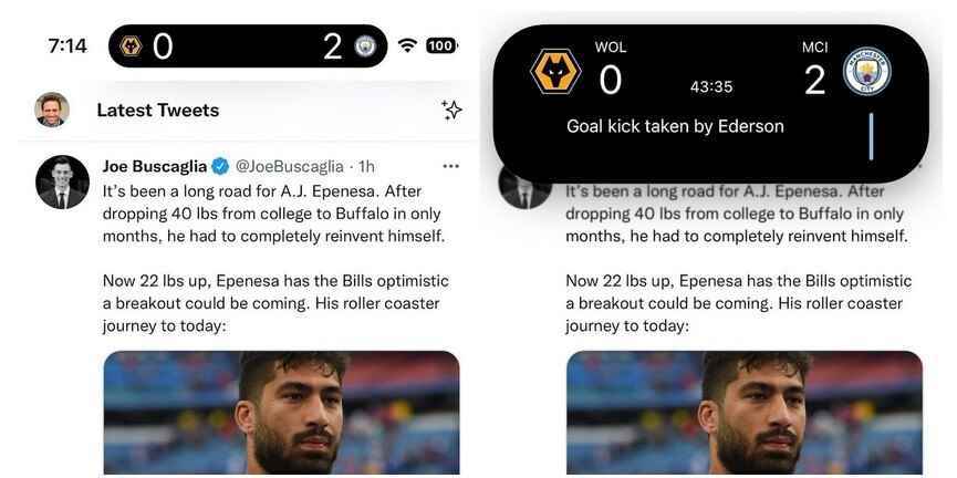 Dynamic Island'da Premier Lig skoru nasıl görünecek.  Sağda, uzun bir basıştan sonra nasıl görüneceği.  - Sporseverler, iOS 16.1'de Dinamik Ada'ya gelen özelliğin keyfini çıkaracak