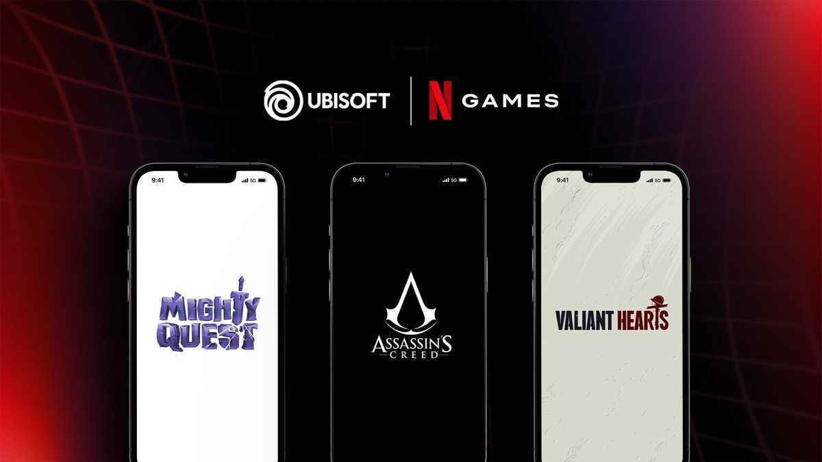 Mighty Quest, Assassin's Creed, Valiant Hearts logolarını gösteren telefonlarla Ubisoft ve Netflix Games ortaklığı için promosyon resmi.