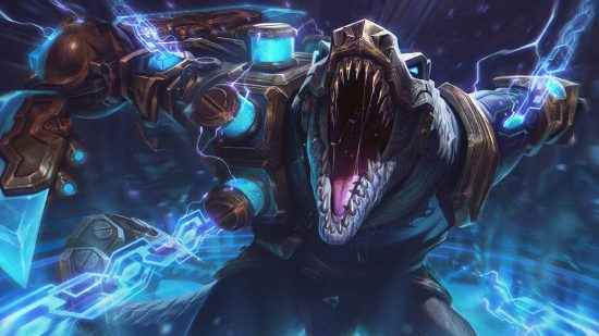 League of Legends 2023 sezon öncesi, büyük üst şerit değişiklikleri, öğe güncellemeleri ekliyor: İki ayaklı bir timsah, kocaman, parlak mavi bir kılıcı sallarken kameraya kükrüyor