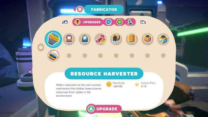 Slime Rancher 2'de bir yükseltme menüsü.