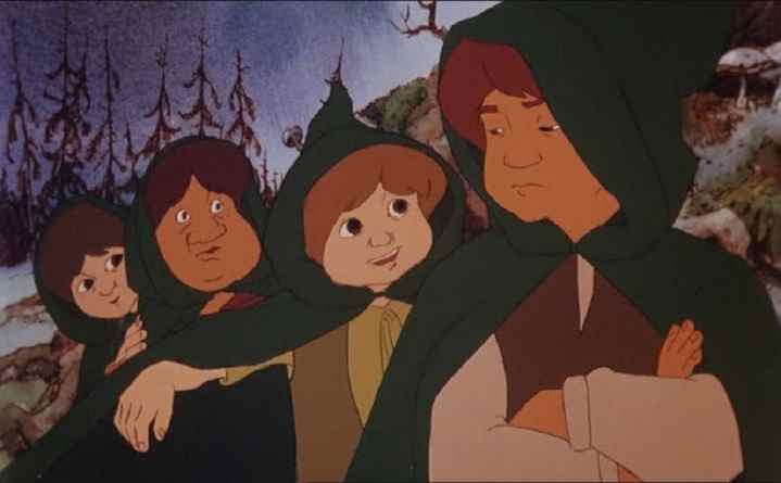 Yüzüklerin Efendisi'nden bir sahnede dört hobbit yan yana duruyor.