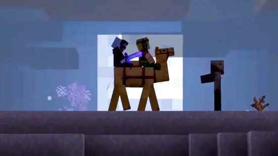 Minecraft deve çok oyunculu ve dövüş: iki oyuncu bir deveye binerken bir zombiyi öldürür