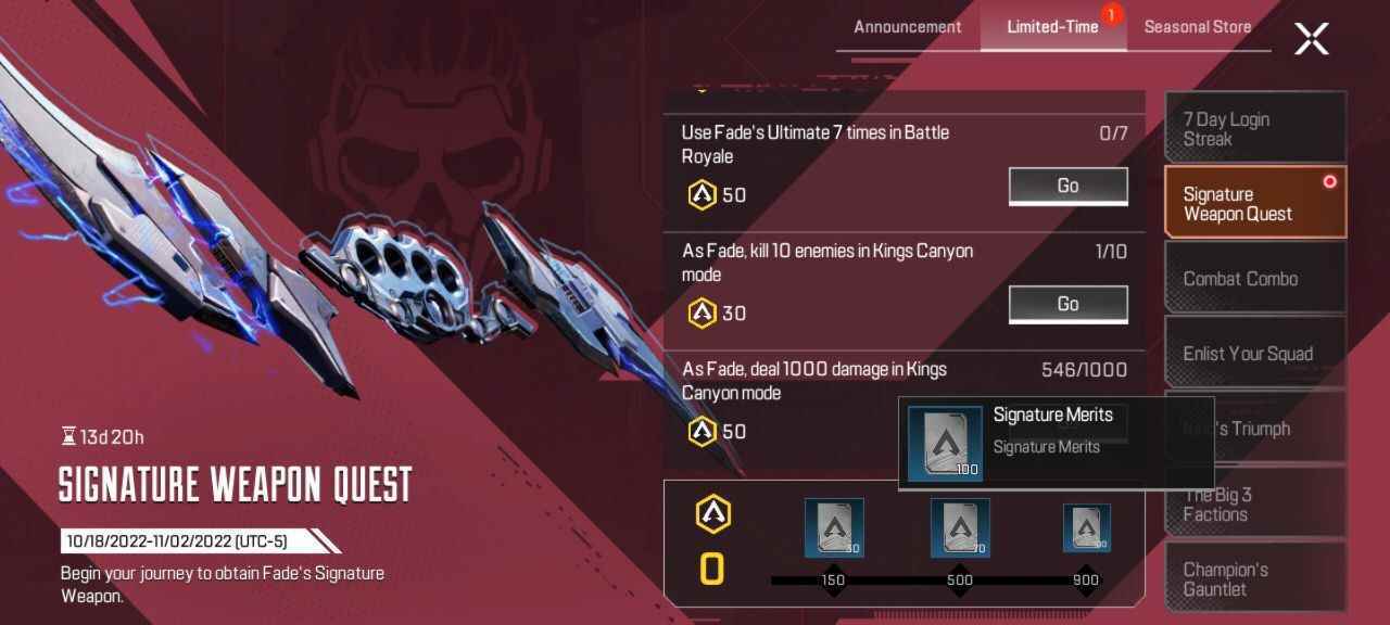 Signature Weapon Quest, Constellation'ı elde etmek için gereken süreyi yarıya indirir.