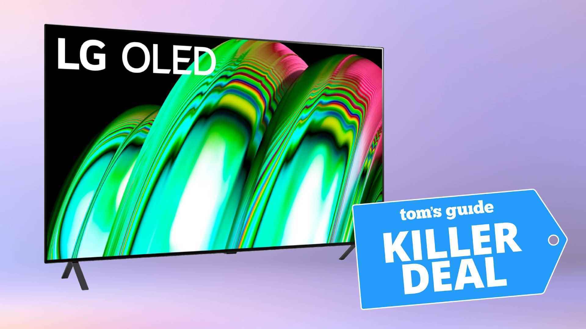 Mor bir arka plan üzerinde LG A2 OLED 4K TV'nin bir fotoğrafı