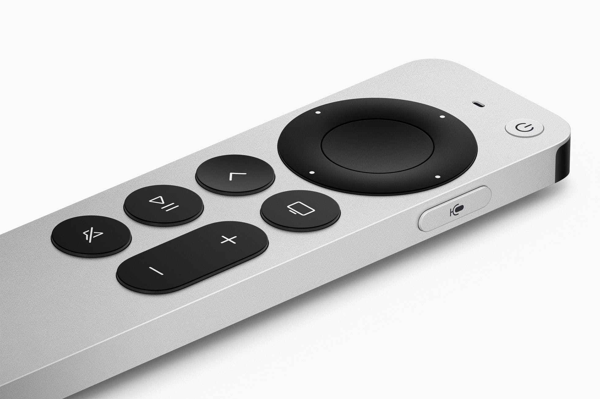 Siri Remote'un yakından çekilmiş bir fotoğrafı.