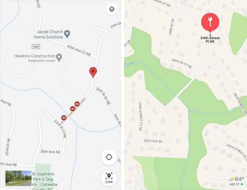 Google Haritalar (L), kazanın meydana geldiği bölgenin Apple Haritaları (R) - GPS platformu ve diğer faktörler bir sürücüyü ölümüne yönlendiriyor