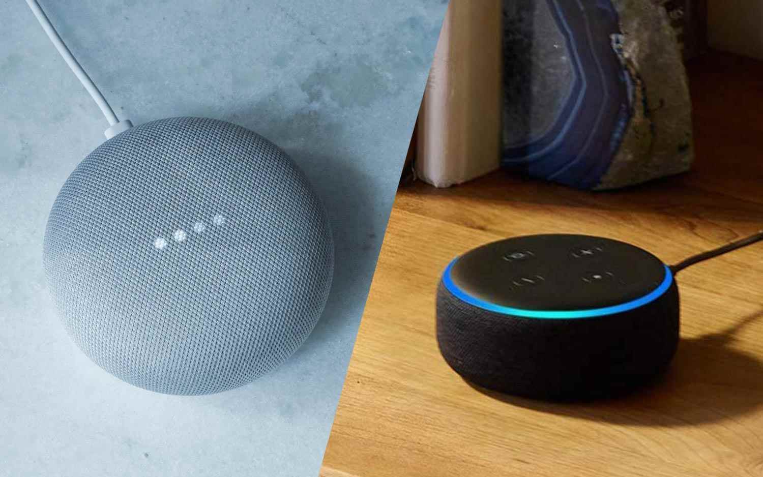 Nest Mini ve Echo Dot'un yan yana resmi