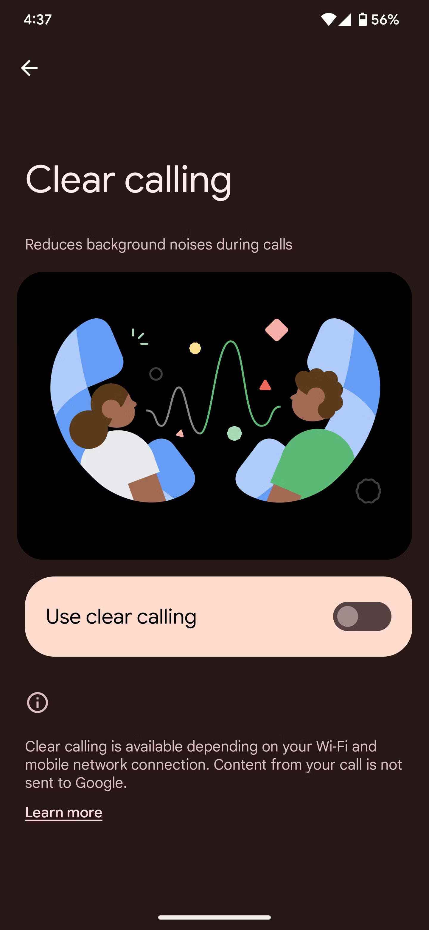 Mevcut Beta'da göründüğü şekliyle Androids Clear Calling özelliğinin ekran görüntüsü.