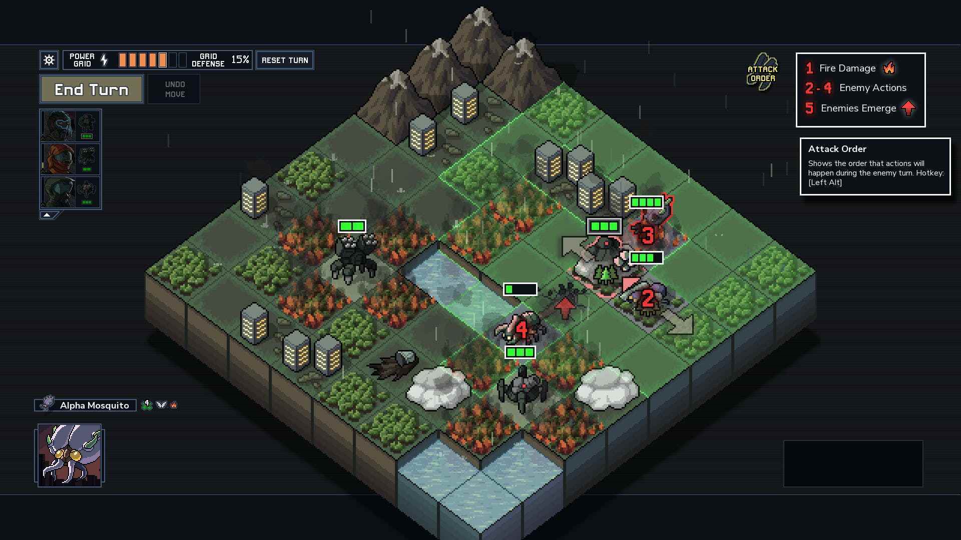 Into the Breach oyunundan bir ekran görüntüsü.