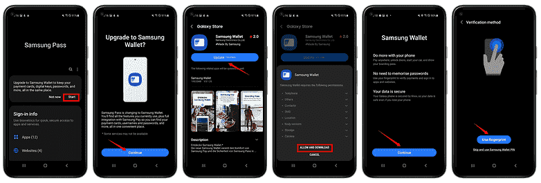 Ekran görüntüleri Samsung Pass'tan Samsung Wallet'a nasıl geçileceğini gösteriyor