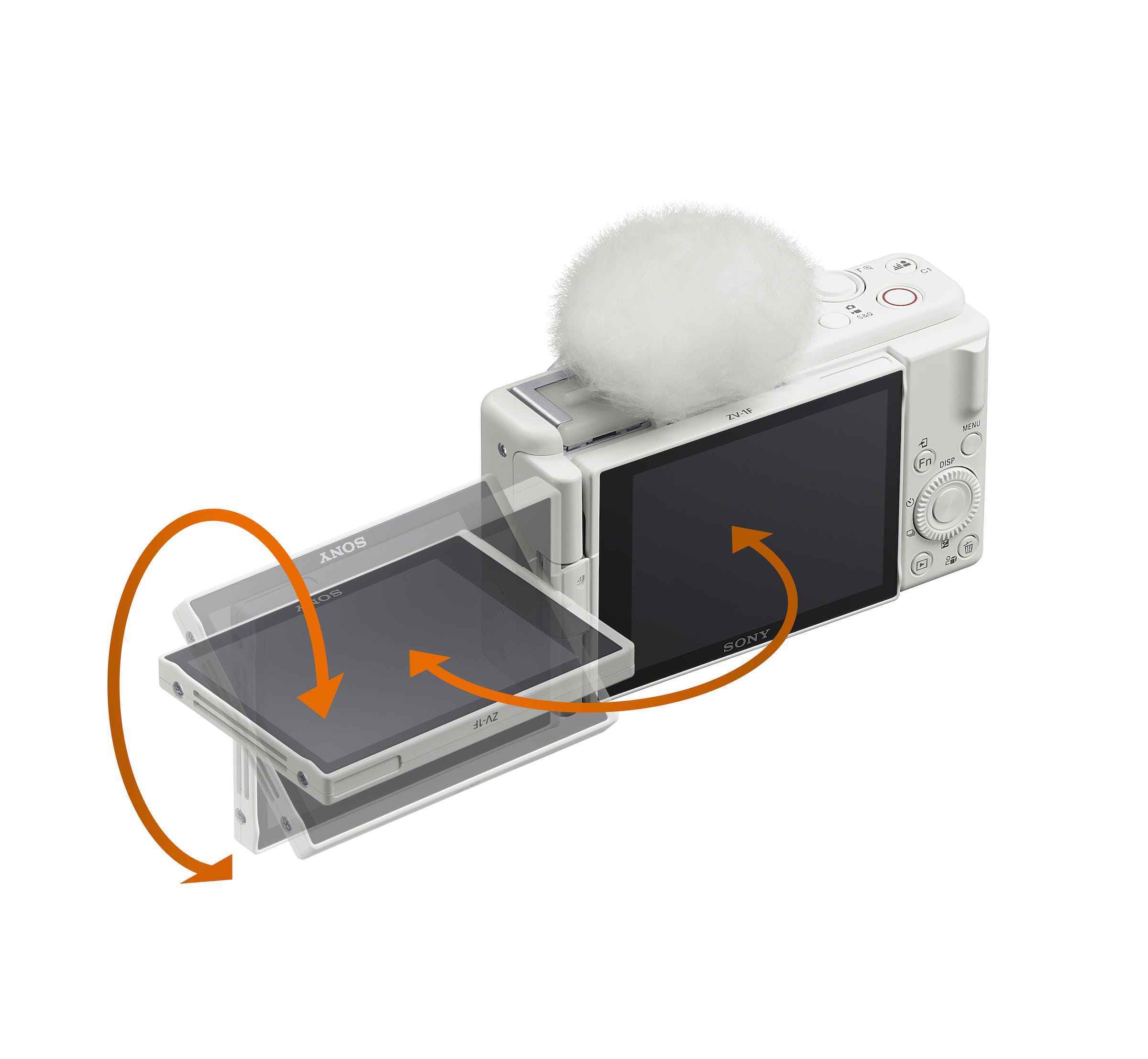 ZV-1F, eğilebilir ve döndürülebilir bir LCD'ye sahiptir ancak elektronik vizör veya eklenti ekleme seçeneği yoktur.