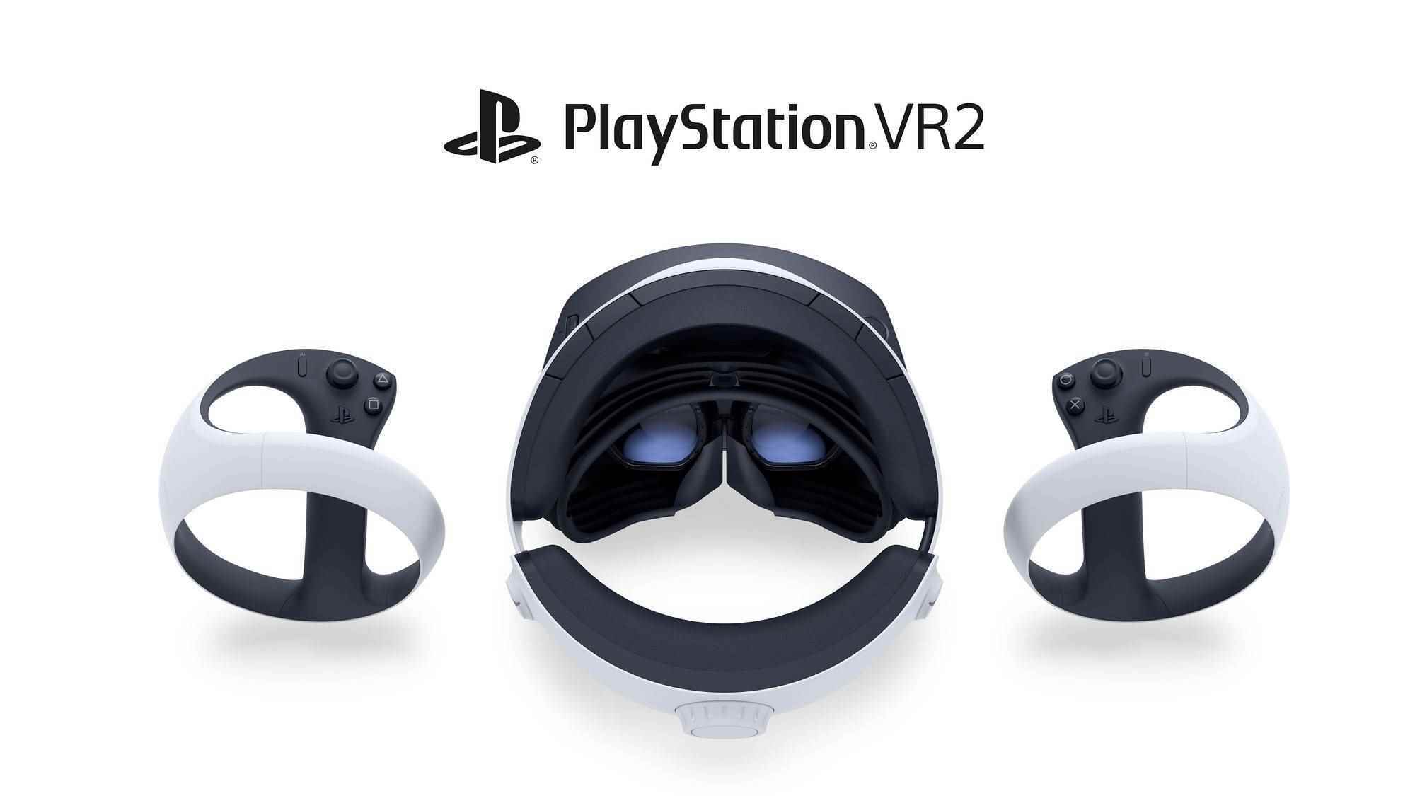 PSVR 2 başlığının ve kontrol cihazlarının bir görüntüsü