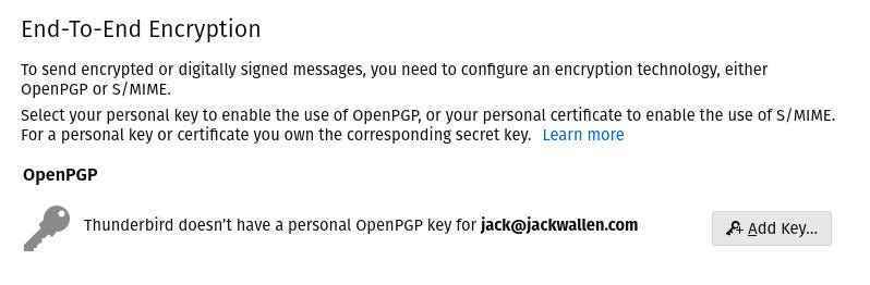 Thunderbird'ün Uçtan Uca Şifreleme penceresindeki Anahtar Ekle düğmesi