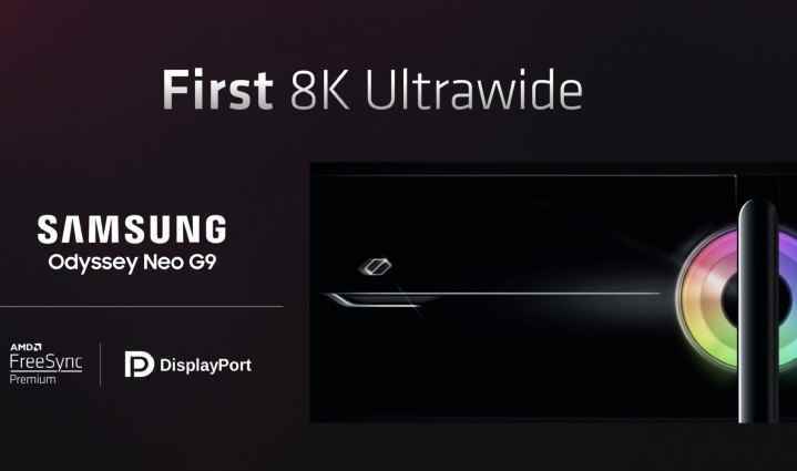 Samsung'un ilk 8K ultra geniş monitörünü gösteren bir slayt.