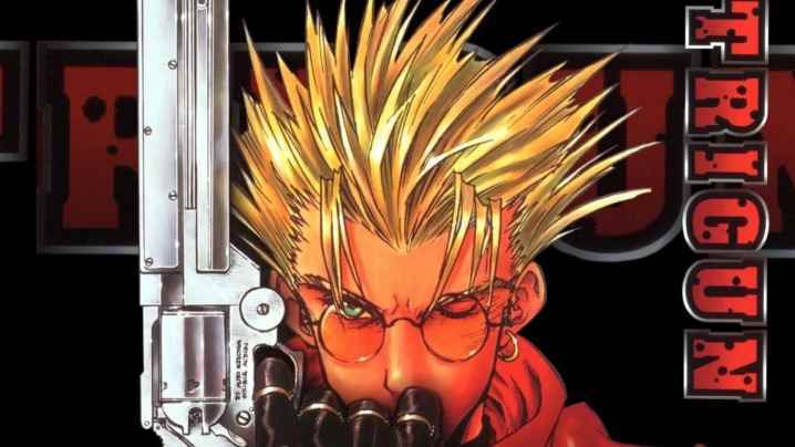 Trigun anime anahtar sanatında silahını kaldıran Vash.