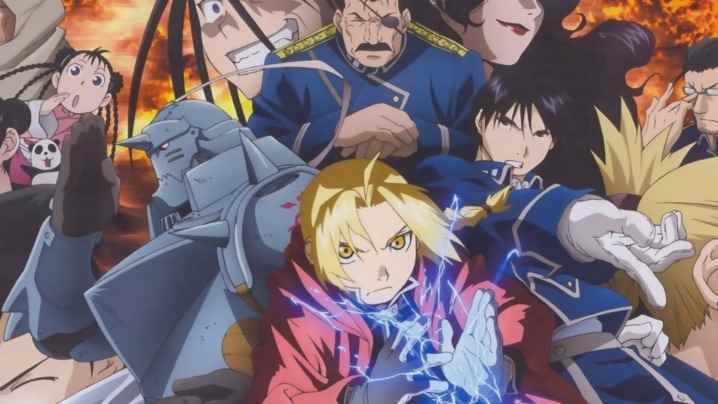 Fullmetal Alchemist'in kahramanları ve kötü adamları: Brotherhood in aksiyon pozları.