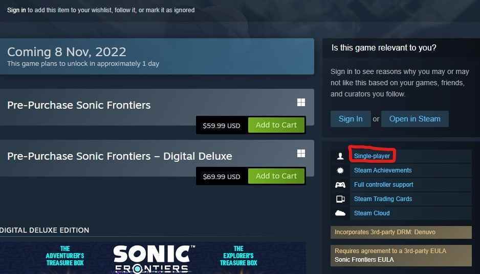 Sonic Frontiers Steam sayfası, bunun tek oyunculu bir oyun olduğunu söylüyor