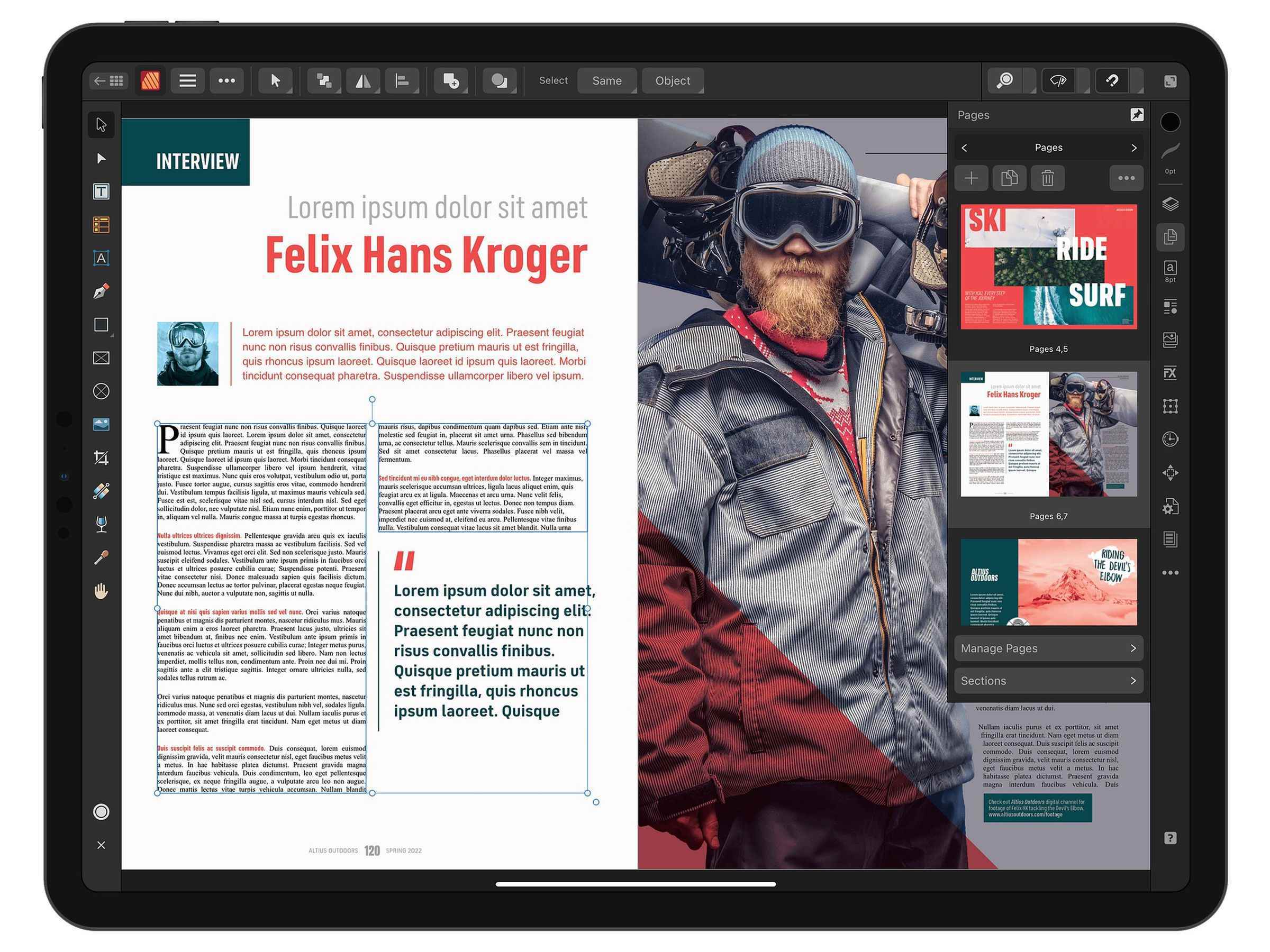 Affinity Publisher V2'yi sergileyen bir iPad.  Yazılım, kayak ekipmanında sakallı bir adamla yayılmış bir dergi görüntüler.