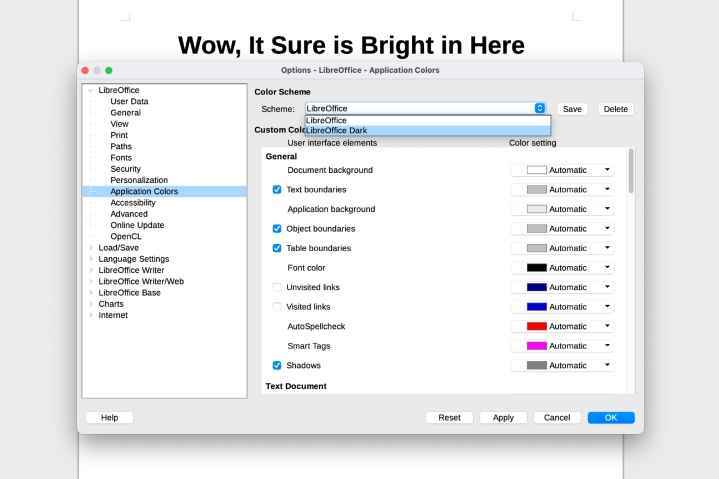 LibreOffice karanlık modunu seçin.