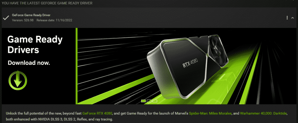 GeForce Experience'daki sürücüler bölümü