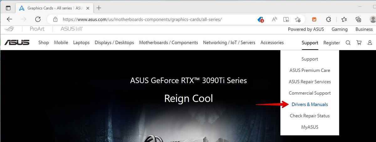 Sürücüleri ve kılavuzları gösteren bir ok bulunan ASUS sitesi