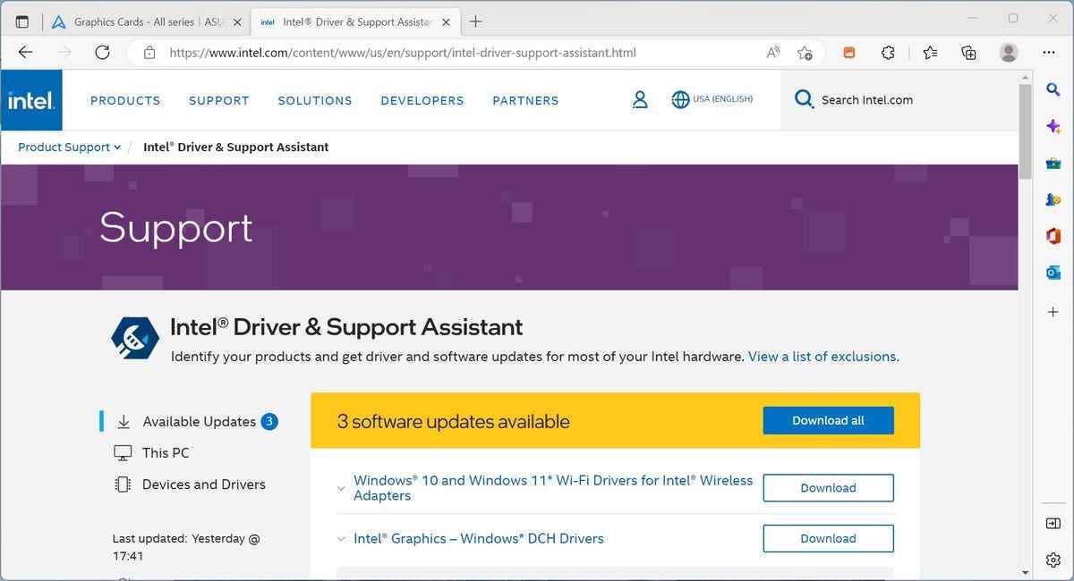 Intel Sürücü ve Destek Asistanı sayfası
