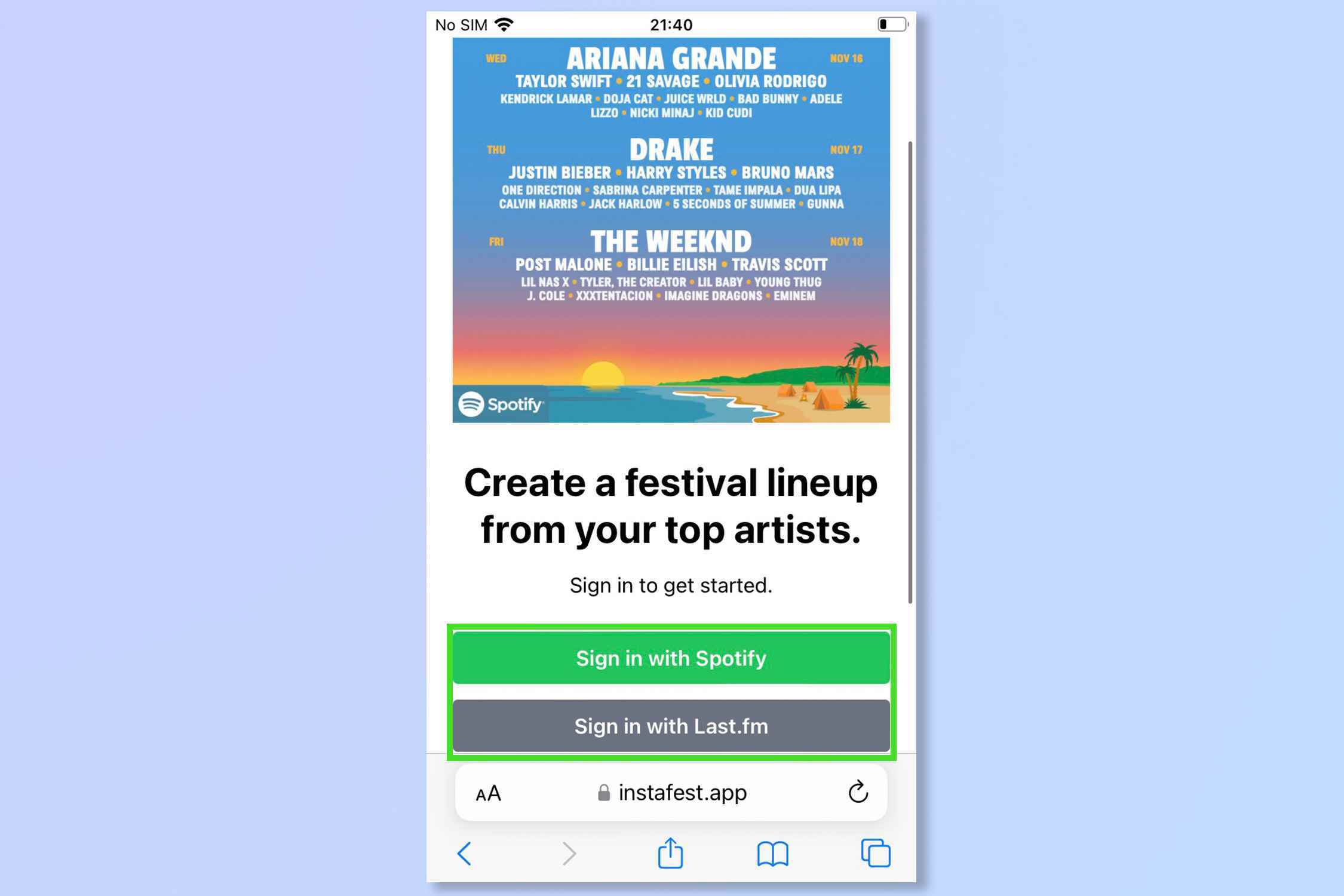 Instafest'i kullanmanın ikinci adımı, Spotify ile oturum açma