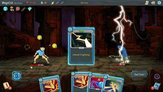 Pokémon gibi en iyi oyunlar - Slay the Spire'da bir büyücü bir düşmana şimşek büyüleri yapmak için kartları kullanıyor.