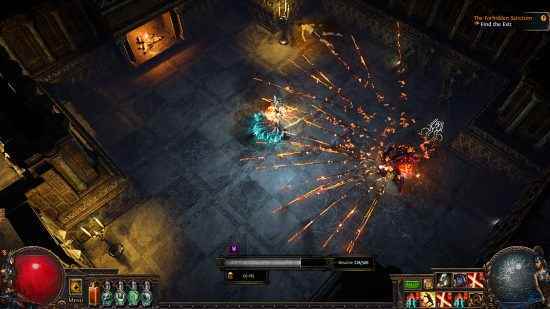 Path of Exile 3.20 - Yasak Sanctum'un oynanışı, yanan cıvatalardan oluşan geniş bir yay fırlatan bir karakter ve ekranın alt kısmına doğru gösterilen gri bir 'çözme' ölçer